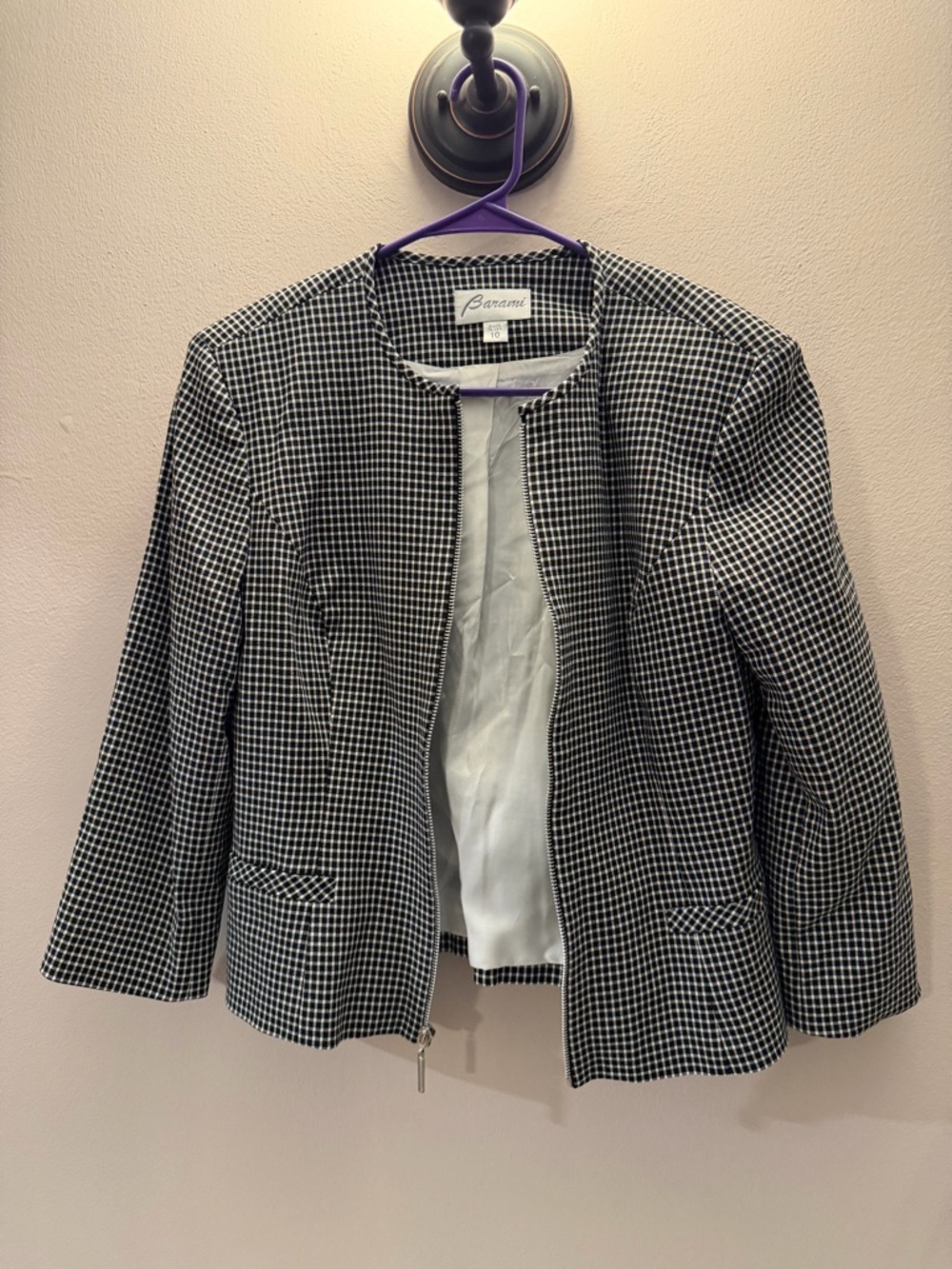 Barami Womens Black White Gingham Micro‎ Check Zip Front Collarless Blazer S 10